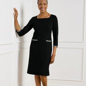 Talbots Women's Fringe Trim Ponte Dress Size 16 NWT Black White Knee Length